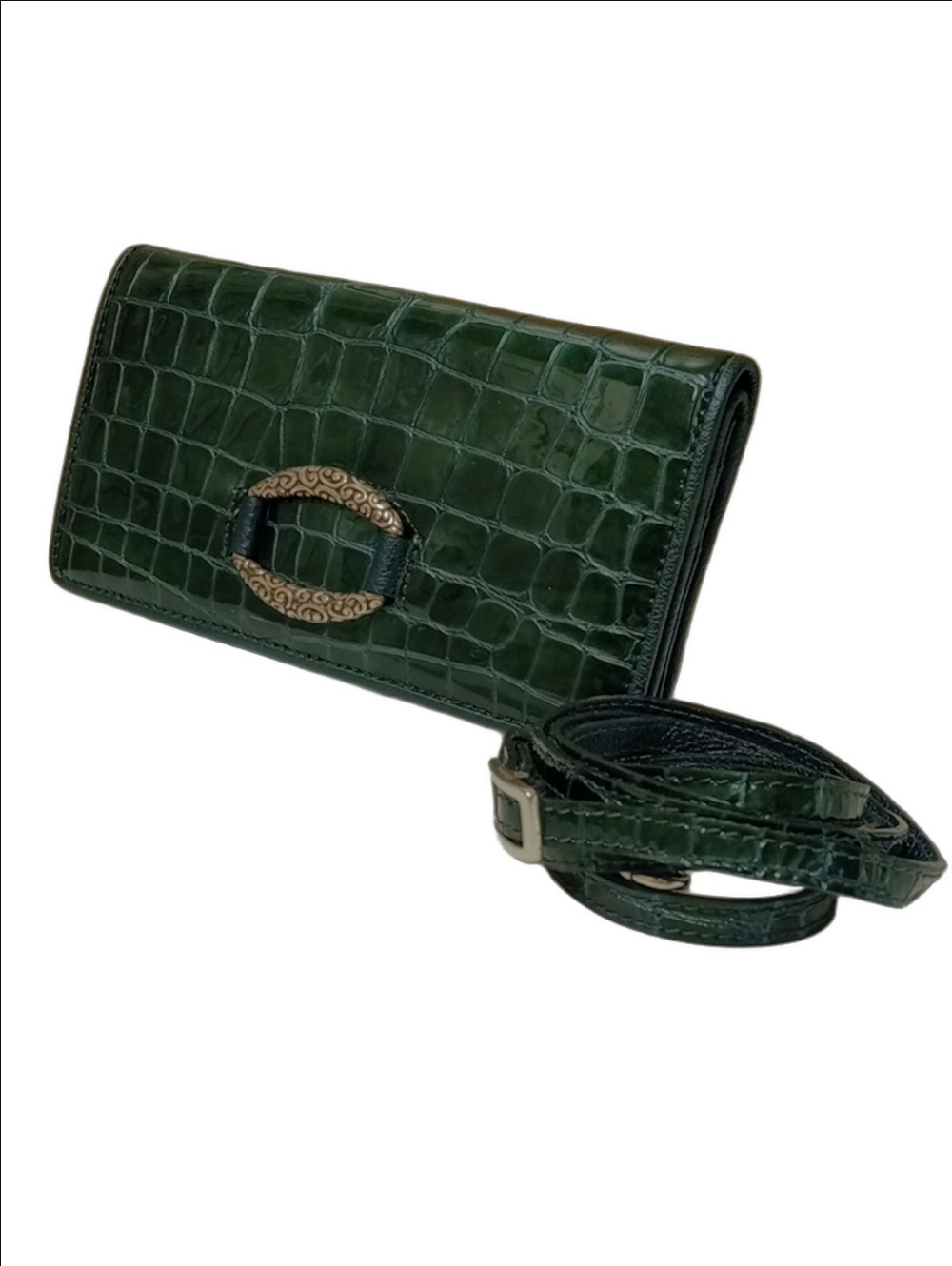 💚 BRIGHTON EMERALD GREEN CROC EMBOSSED CONVERTIBLE LEATHER WALLET CROSSBODY BAG